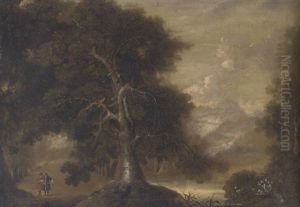A Mountainous Wooded Landscape With Figures In The Foreground By A Lake And Deer In The Background by Richard Carver