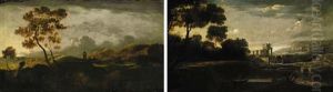 A Classical Wooded River Landscape, With A Tower Beyond by Richard Carver