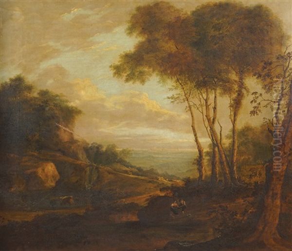A Wooded Landscape With Figures.the Sea In The Distance. - view 1