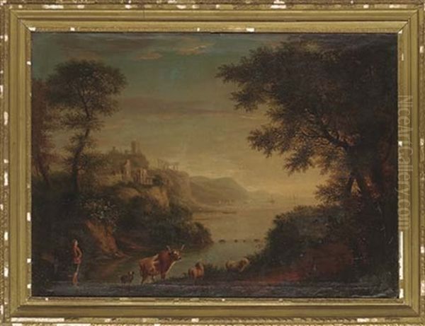 A Classical Coastal Landscape With A Shepherd, His Flock, Dog And Cattle - view 1