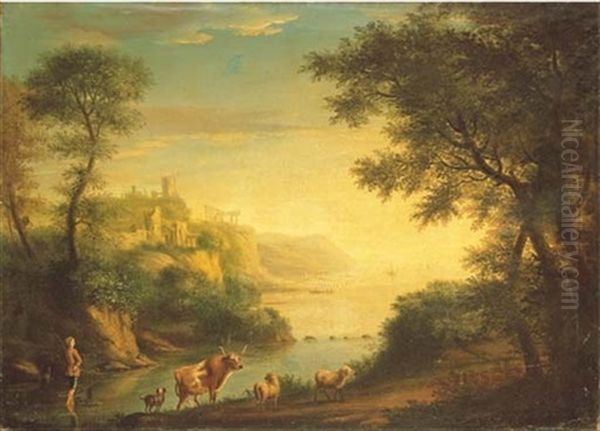 Mountainous Coastal Landscape With A Shepherd, Dog And Livestock In The Foreground, Classical Ruins Beyond - view 1