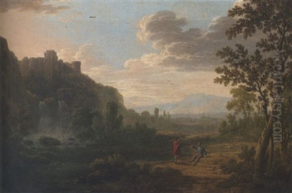 A Wooded River Landscape, With Figures In The Foreground And A Hilltop Castle Beyond - view 1