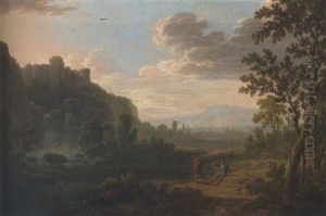 A Wooded River Landscape, With Figures In The Foreground And A Hilltop Castle Beyond by Robert Carver