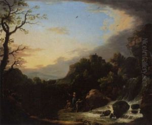 Figures By A Waterfall In A Wooded Landscape by Robert Carver