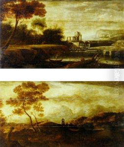 Moonlit River Landscape With Boatmen Near A Waterfall, Ruins Beyond