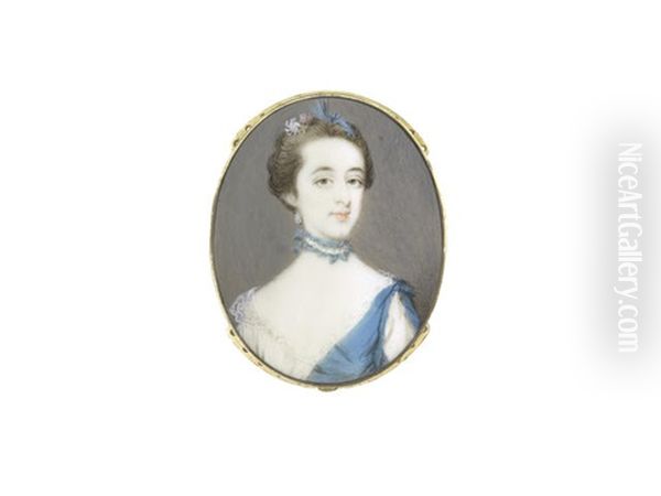 A Lady, Wearing White Chemise Finished With Lace Trim Beneath A Turquoise Robe, Matching Ruff And Ribbon In Her Upswept Hair, Teardrop Pearl Earring - view 1