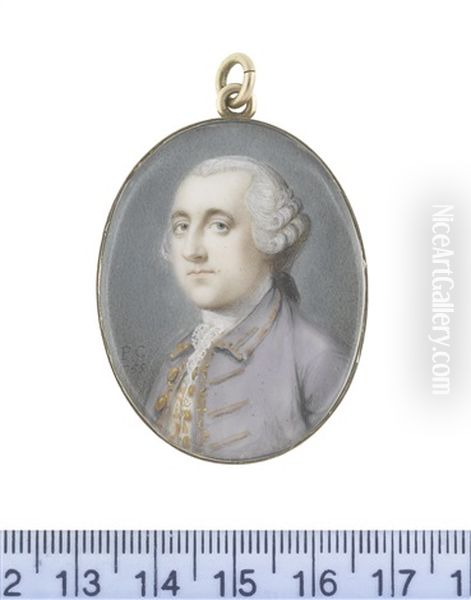 A Gentleman, Wearing A Lavendar Coat And White Waistcoat, Both Edged With Gold Embroidery And Buttons, White Stock And Lace Cravat... - view 1