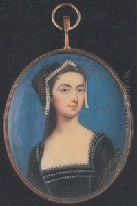 A Young Lady Wearing Gold Figured Black Tudor Costume And Bonnet, Both Trimmed With Lace And Pearls