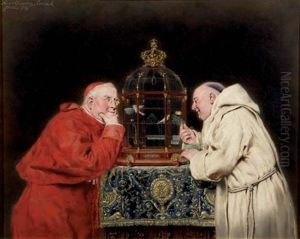 Cardenal Y Fraile Observando Unos Pajarillos En Una Jaula Cardenal Y Fraile Observando Unos Pajarillos En Una Jaula