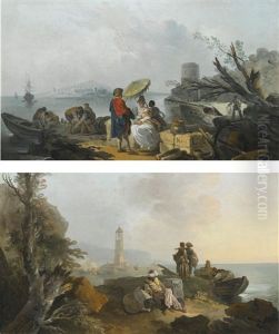 A Young Couple Resting By A Harbor; A Smoker Resting By A Harbor by Francesco Giuseppe Casanova