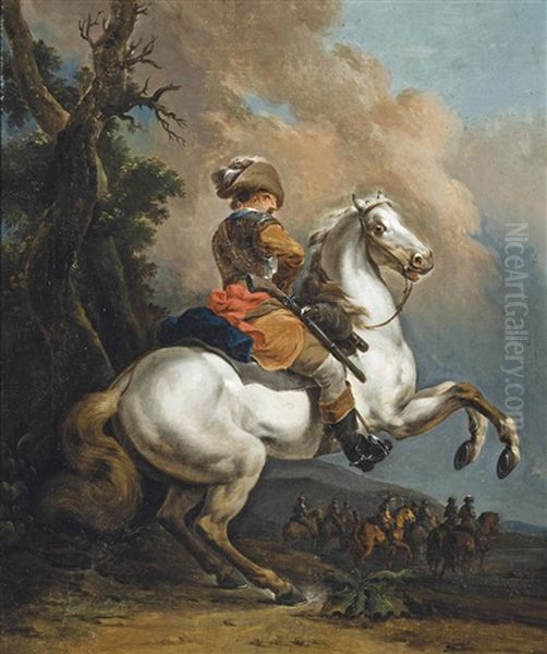 A Soldier In Armour, On A Rearing Horse In A Landscape, A Skirmish Beyond - view 1