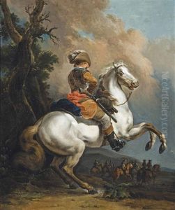 A Soldier In Armour, On A Rearing Horse In A Landscape, A Skirmish Beyond