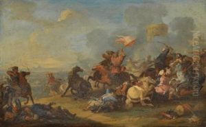 Two Battle Scenes Between Christians And Saracens (pair) by Francesco Giuseppe Casanova
