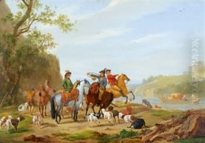 Rastende Reiter Mit Hunden An Einem Flussufer by Francesco Giuseppe Casanova