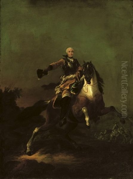 A Soldier In Armour And Ochre Coat, On A Rearing Horse In A Hilly Landscape, Cavalry Beyond (hermann Moritz, Count Of Saxony ?) - view 1