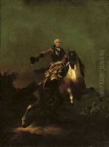 A Soldier In Armour And Ochre Coat, On A Rearing Horse In A Hilly Landscape, Cavalry Beyond (hermann Moritz, Count Of Saxony ?) by Francesco Giuseppe Casanova