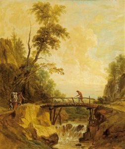 Bewaldete Landschaft Mit Einem Sturzbach, Einem Steg Und Reisenden by Francesco Giuseppe Casanova