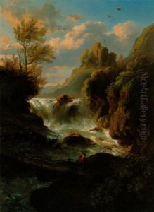 Wasserfall Im Gebirge Mit Einem Wanderer by Francesco Giuseppe Casanova