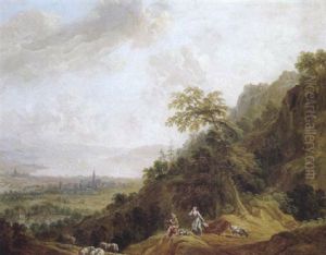 Weite, Gebirgige Landschaft Mit Einem See Und Einem Hirtenpaar