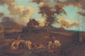 A River Landscape With Travellers And Peasants By A Bridge by Francesco Giuseppe Casanova