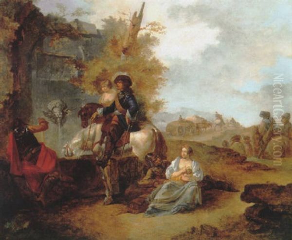 A Cavalier Watering His Horse At A Fountain, A Cavalry Column Beyond - view 1