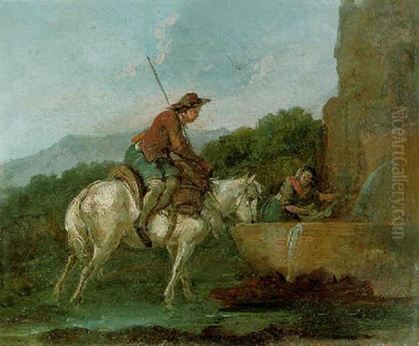 A Traveller At A Fountain In A Wooded Landscape - view 1