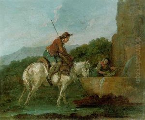 A Traveller At A Fountain In A Wooded Landscape