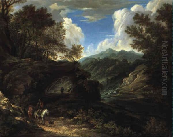 Gebirgige Fluslandschaft Mit Reisenden - view 1