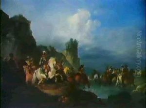 Weite Flusslandschaft Mit Berittenen, Die Einen Fluss Durchqueren Weite Flusslandschaft Mit Berittenen, Die Einen Fluss Durchqueren