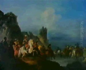 Weite Flusslandschaft Mit Berittenen, Die Einen Fluss Durch-queren. Weite Flusslandschaft Mit Berittenen, Die Einen Fluss Durch-queren.