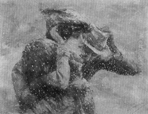 A Woman And Man In Snowstorm by Basilio Cascella