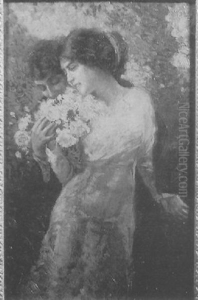 A Man Smelling The Flowers A Woman Holds - view 1