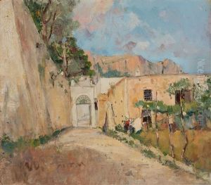 Scorcio Con Case E Figura by Giuseppe Casciaro