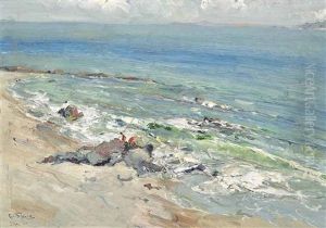 Figures Playing By The Shore, Ischia, Punta Molino In The Distance by Giuseppe Casciaro