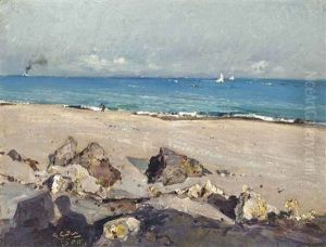 The Artist Painting On The Beach, Ischia by Giuseppe Casciaro