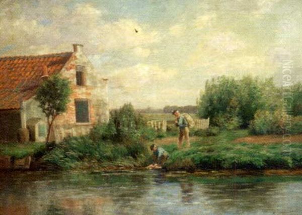 Rural Landscape With A Cottage And Two Men Beside A River - view 1