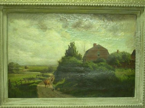 Landscape With A Red Farm House And Cows And Chickens On A Dirt Road, Sea In The Distance - view 1