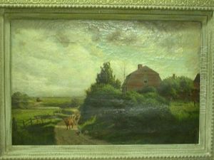 Landscape With A Red Farm House And Cows And Chickens On A Dirt Road, Sea In The Distance by Edmund Elisha Case