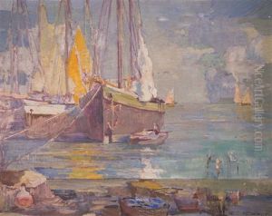 Harbor View With Boats by Ettore Caser