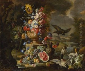 A Still Life With A Vase Of Flower, Birds, A Watermelon, Peaches, Gapes, And Other Fruit In An Outdoor Setting