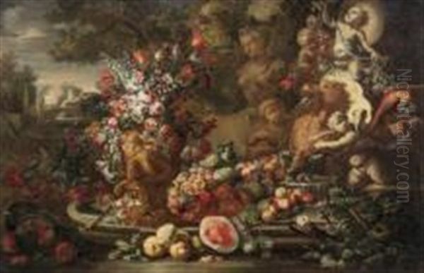 Bouquet De Fleurs A Cote D"une Fontaine Baroque Decoree De Putti - view 1