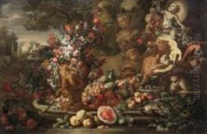 Bouquet De Fleurs A Cote D"une Fontaine Baroque Decoree De Putti