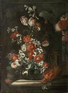 Tulips, Narcissi, Carnations And Other Flowers In A Pewter Vase by Nicola Casissa