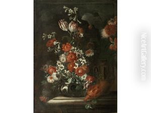 Tulips, Narcissi, Carnations And Other Flowers In A Pewter Vase On A Stone Ledge