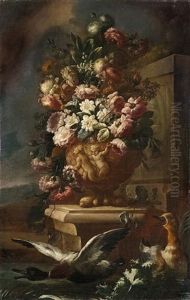 Ein Paar Stillleben Mit Blumen Und Vogeln