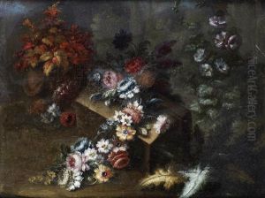 A Swag Of Roses, Peonies, And Other Flowers On A Stone Brick, In A Garden, With Red Flowers In A Vase by Nicola Casissa