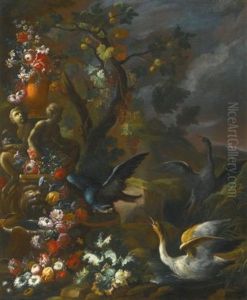 An Outdoor Still Life With Birds Beside An Ornate Sculpted Fountain by Nicola Casissa