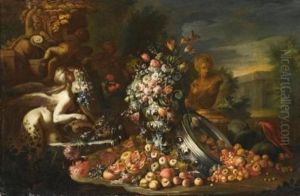 An Elaborate Still Life With A Fountain And Classical Statues, Flowers In A Vase, A Parrot And Various Fruits Spilt From An Upturned Bowl, All In An Elegant Park Setting