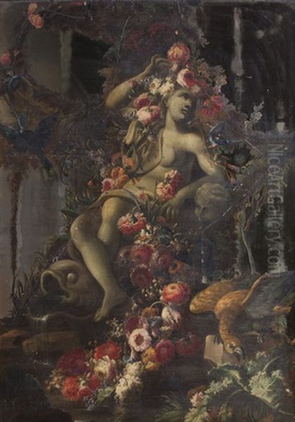 Fontana Con Scultura Femminile Ornata Da Ghirlanda Di Fiori - view 1