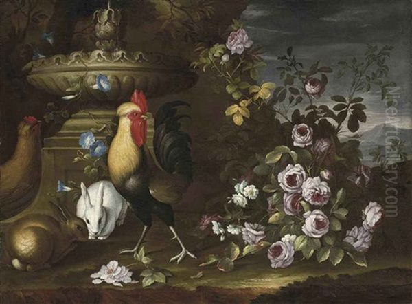 Roosters, Rabbits And Roses Before A Fountain, In A Landscape - view 1